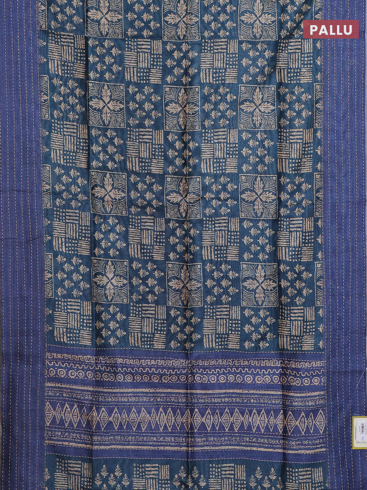Semi tussar saree peacock blue and blue with allover batik prints and katha stitch work pallu & border - Image 3