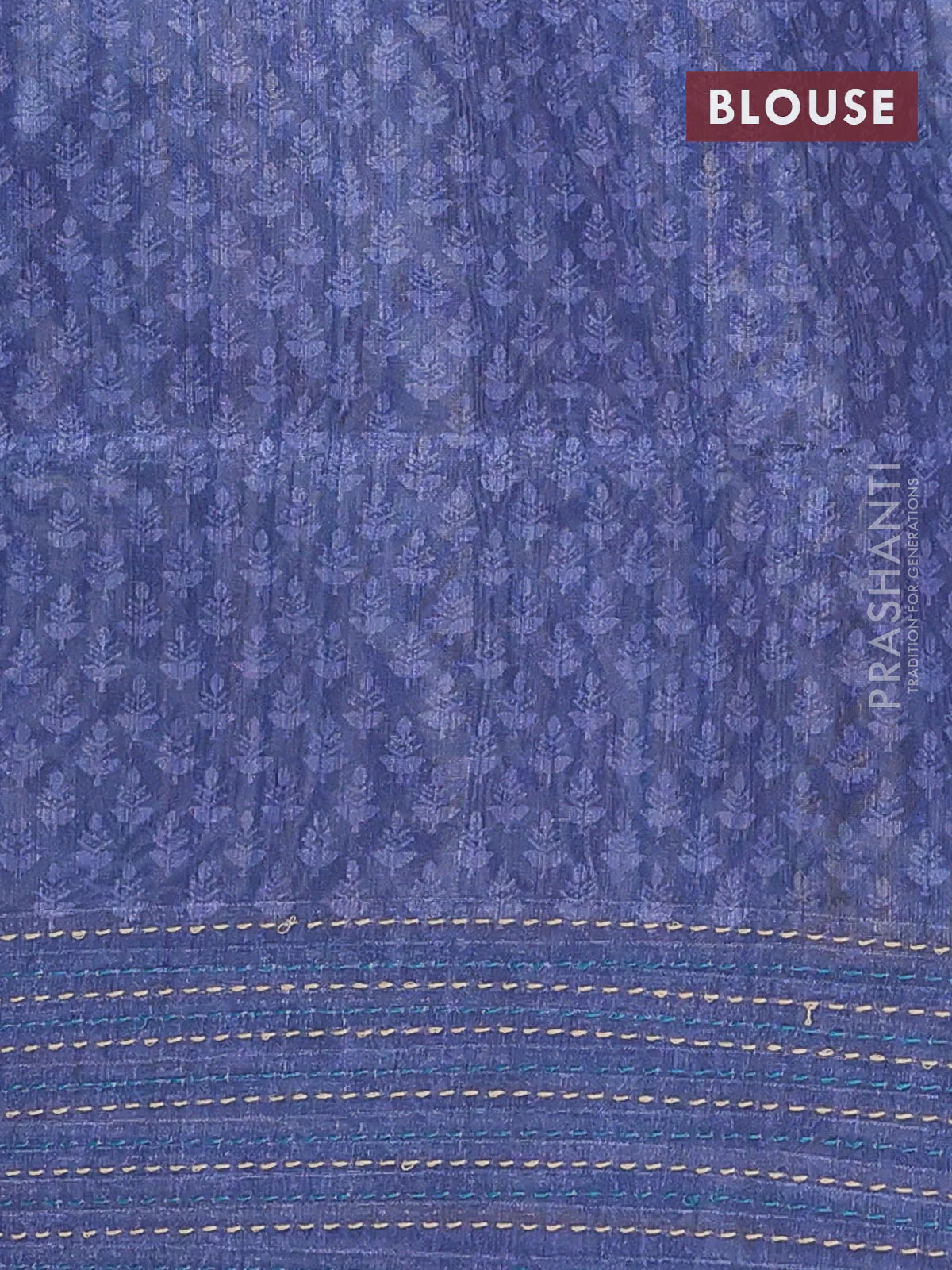 Semi tussar saree peacock blue and blue with allover batik prints and katha stitch work pallu & border - Image 4