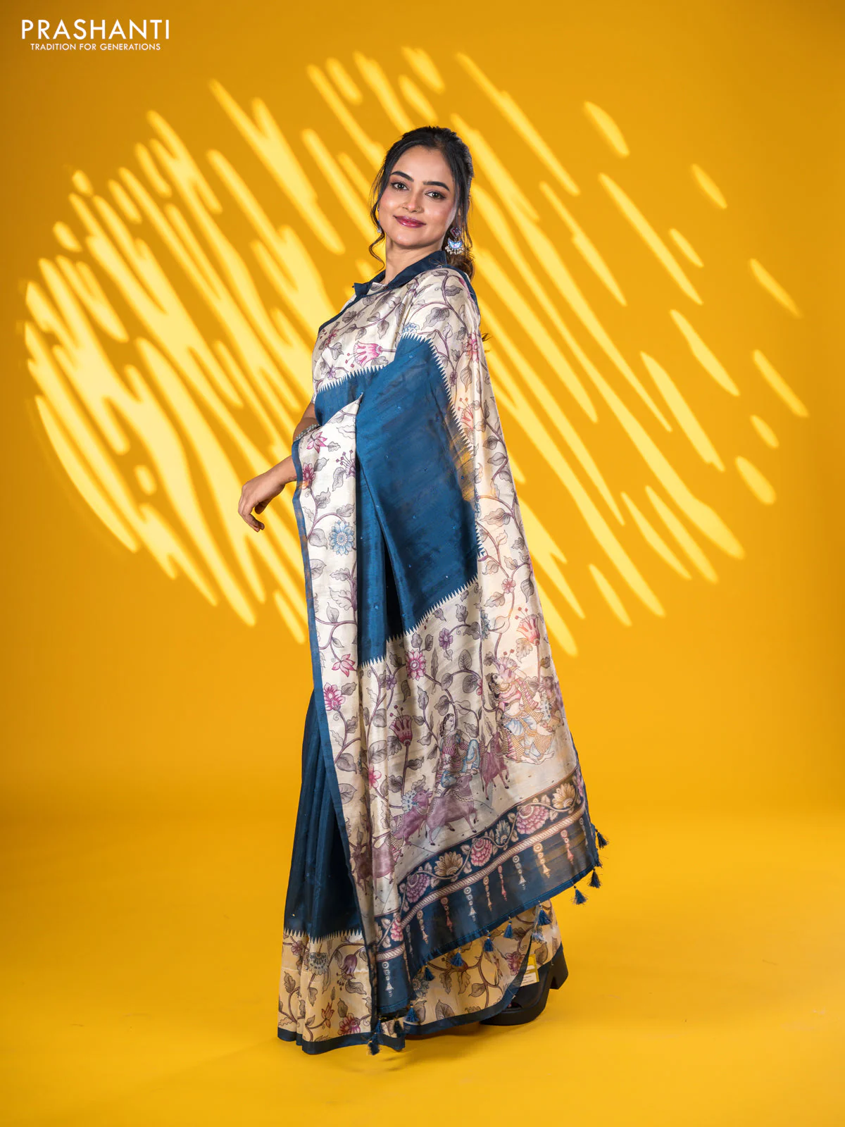 Semi tussar saree peacock blue and cream with allover mirror work and kalamkari printed border - Image 2