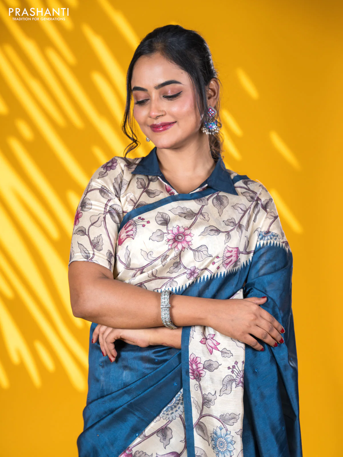 Semi tussar saree peacock blue and cream with allover mirror work and kalamkari printed border - Image 3