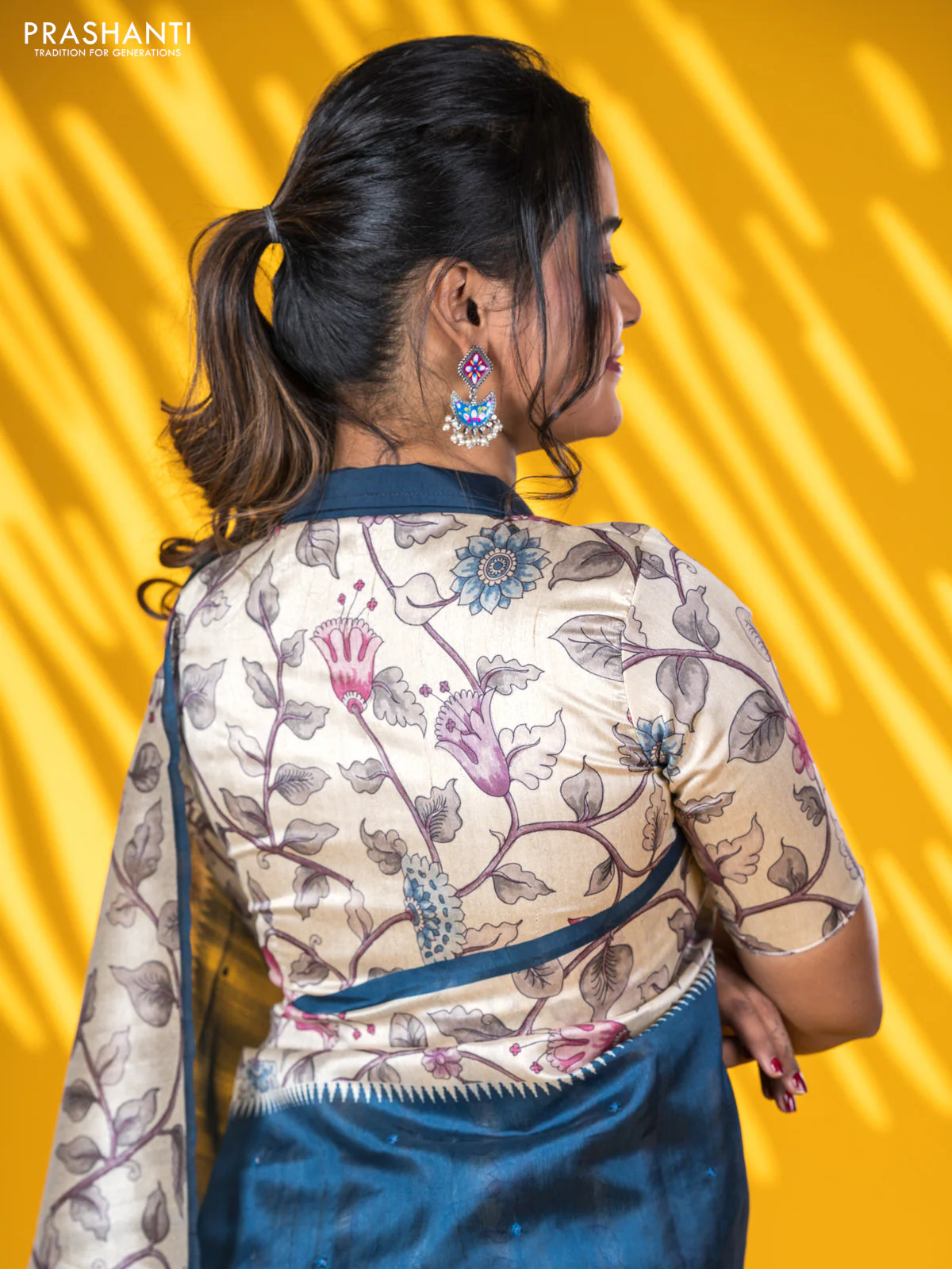 Semi tussar saree peacock blue and cream with allover mirror work and kalamkari printed border - Image 5