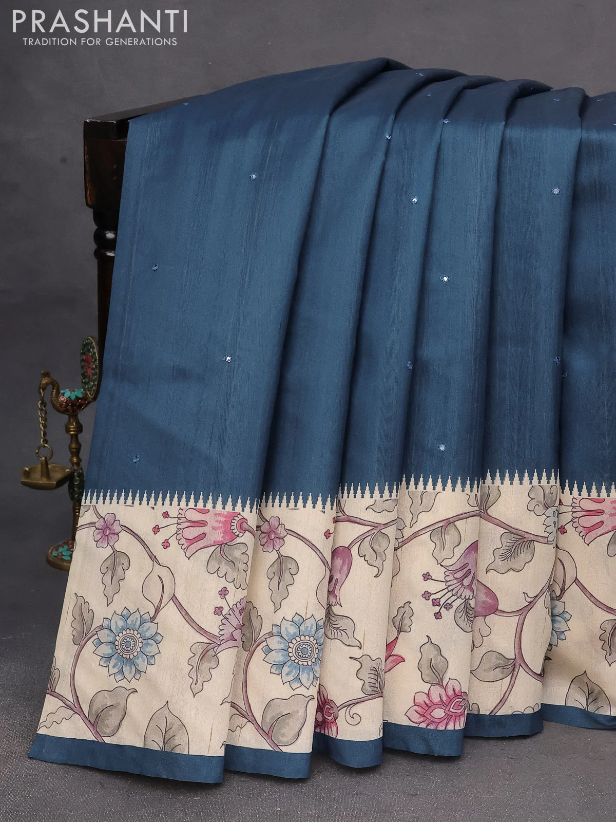 Semi tussar saree peacock blue and cream with allover mirror work and kalamkari printed border - Image 6