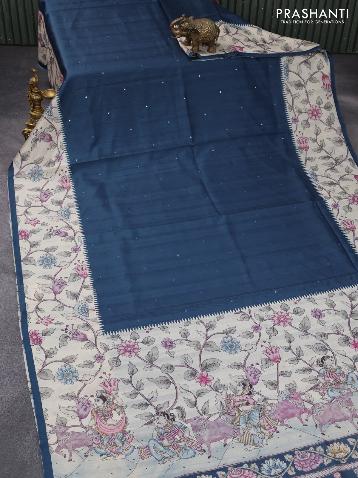 Semi tussar saree peacock blue and cream with allover mirror work and kalamkari printed border - Image 7