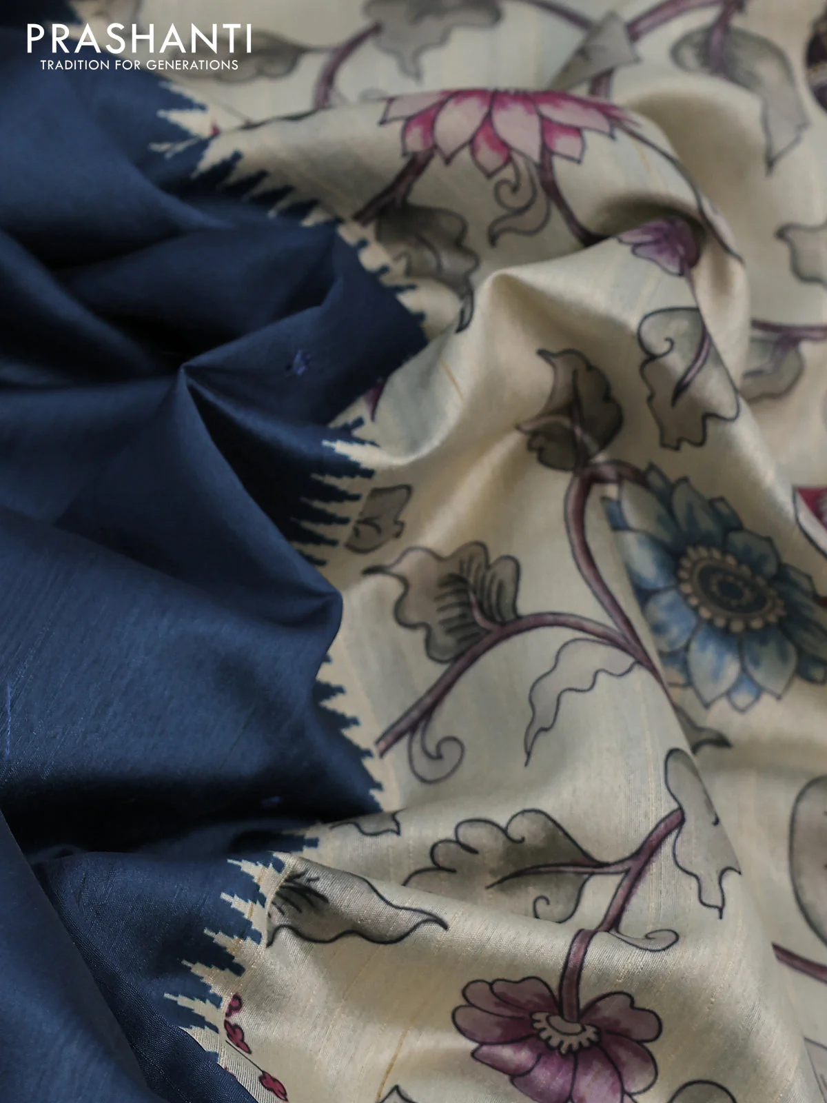 Semi tussar saree peacock blue and cream with allover mirror work and kalamkari printed border - Image 8