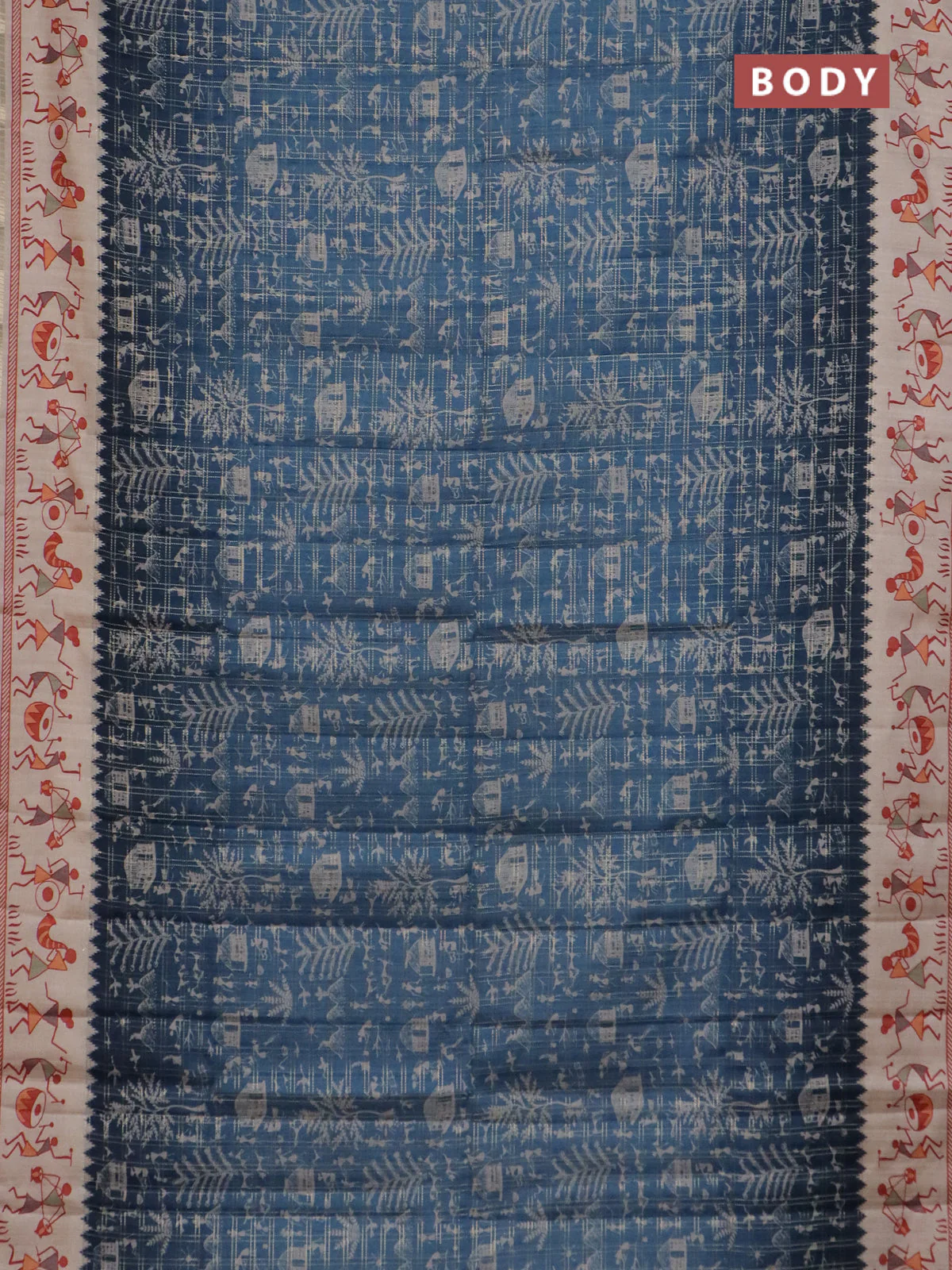 Semi tussar saree peacock blue and cream with allover zari checks & warli prints  and printed border - Image 2