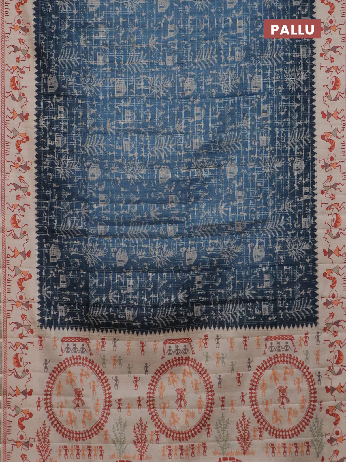 Semi tussar saree peacock blue and cream with allover zari checks & warli prints  and printed border - Image 3