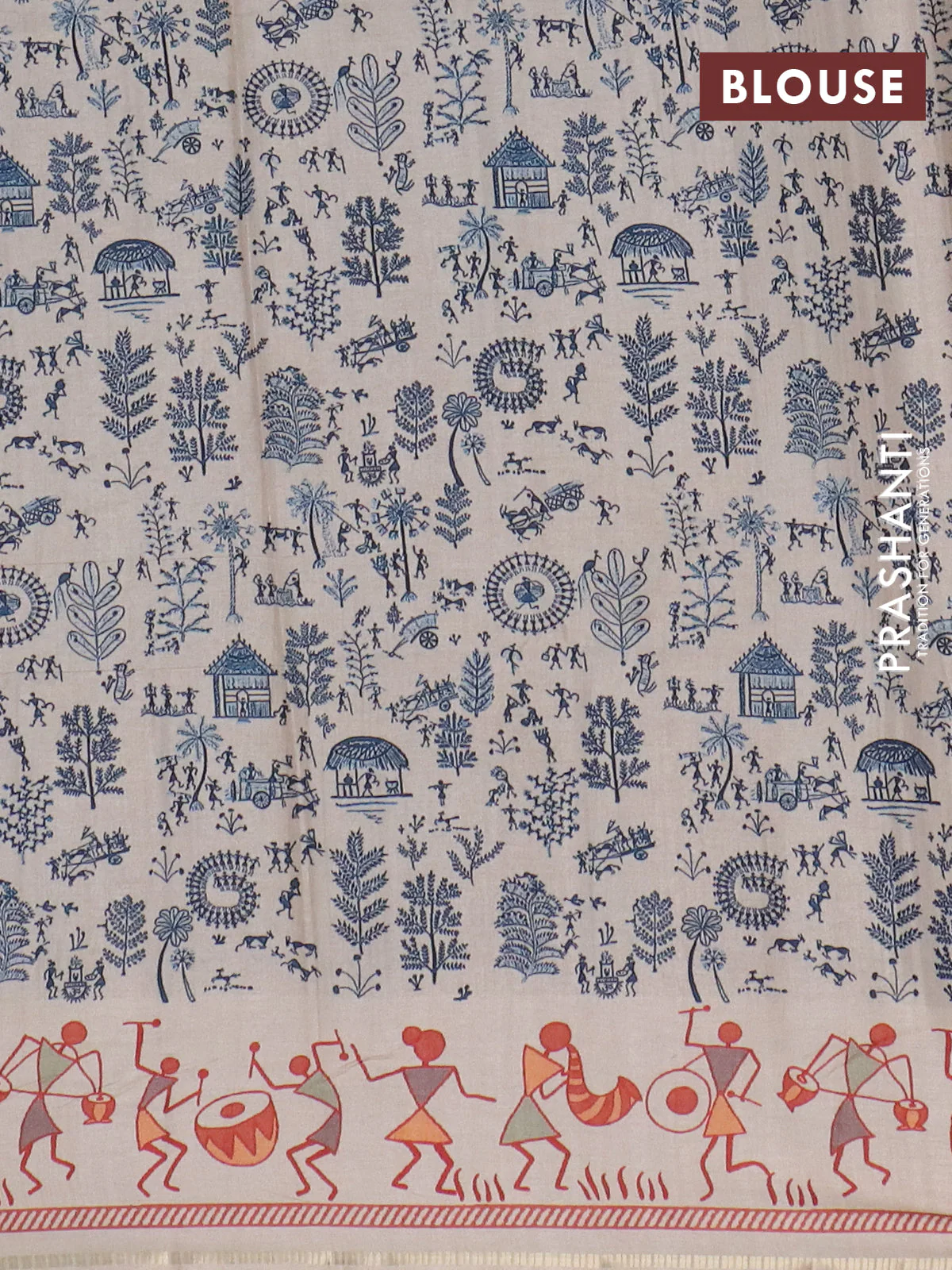 Semi tussar saree peacock blue and cream with allover zari checks & warli prints  and printed border - Image 4