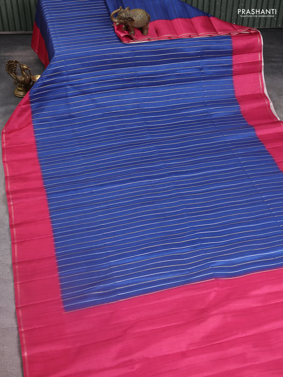 Semi tussar saree peacock blue and pink with allover silver & gold zari weaves and simple zari border - Image 2