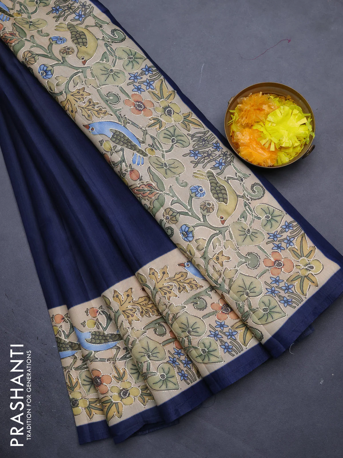 Semi tussar saree peacock blue and sandal with plain body and printed embroidery work border - Image 2