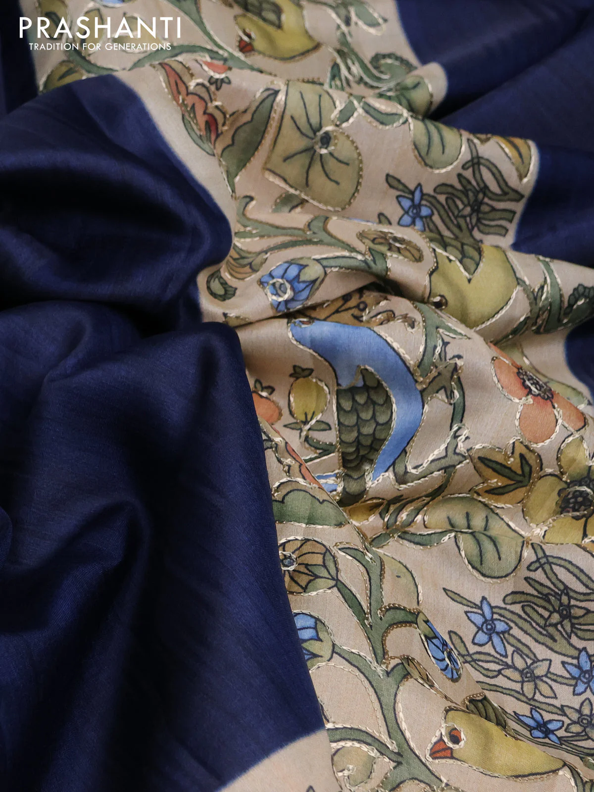 Semi tussar saree peacock blue and sandal with plain body and printed embroidery work border - Image 3