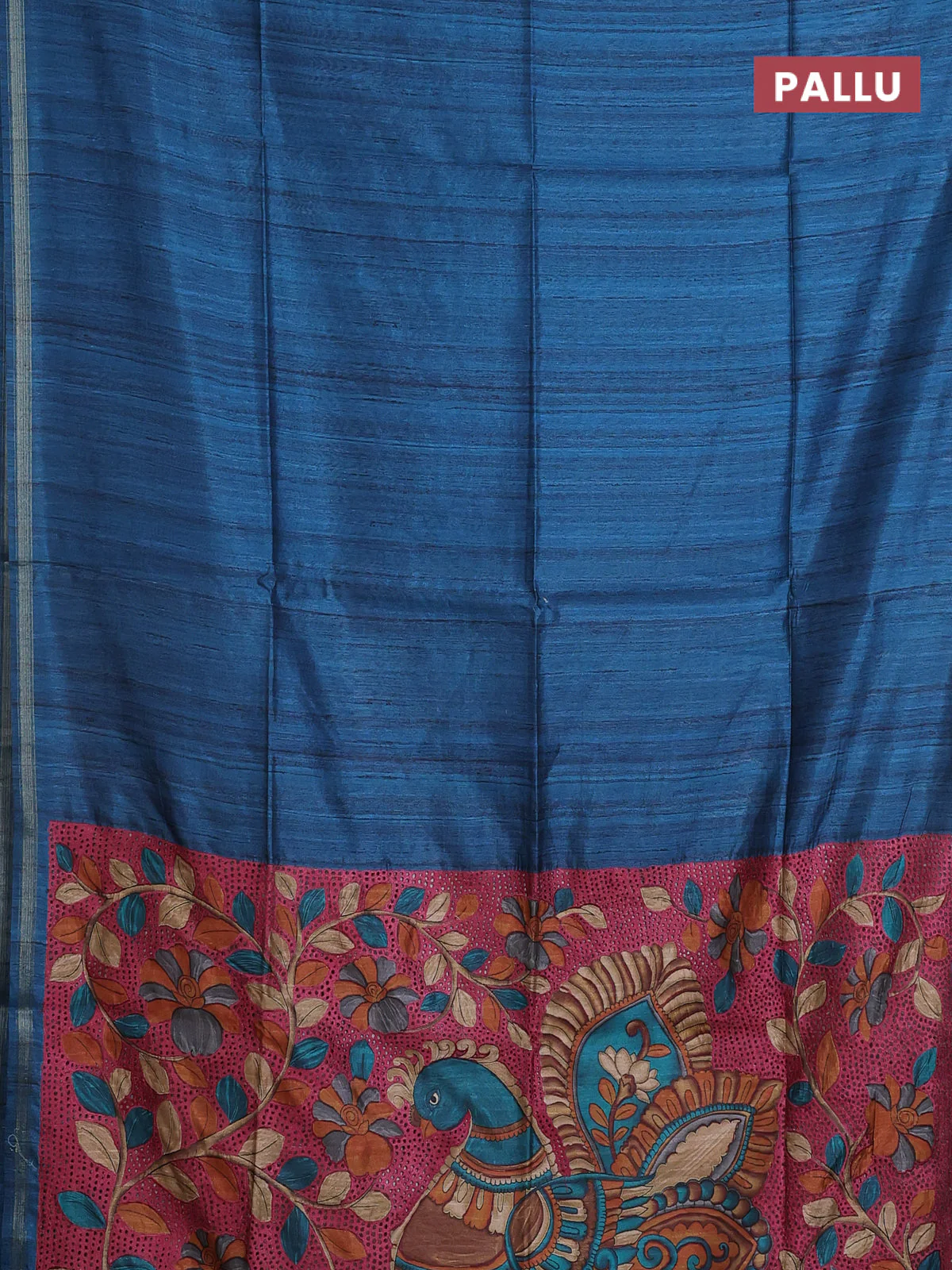 Semi tussar saree peacock blue with bandhani butta prints and kalamkari prints & cut work pallu - Image 3