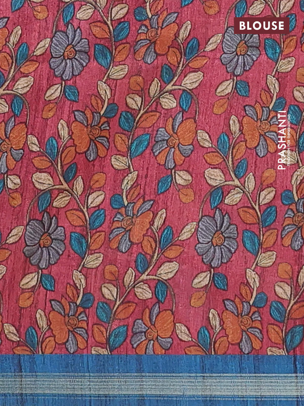 Semi tussar saree peacock blue with bandhani butta prints and kalamkari prints & cut work pallu - Image 4