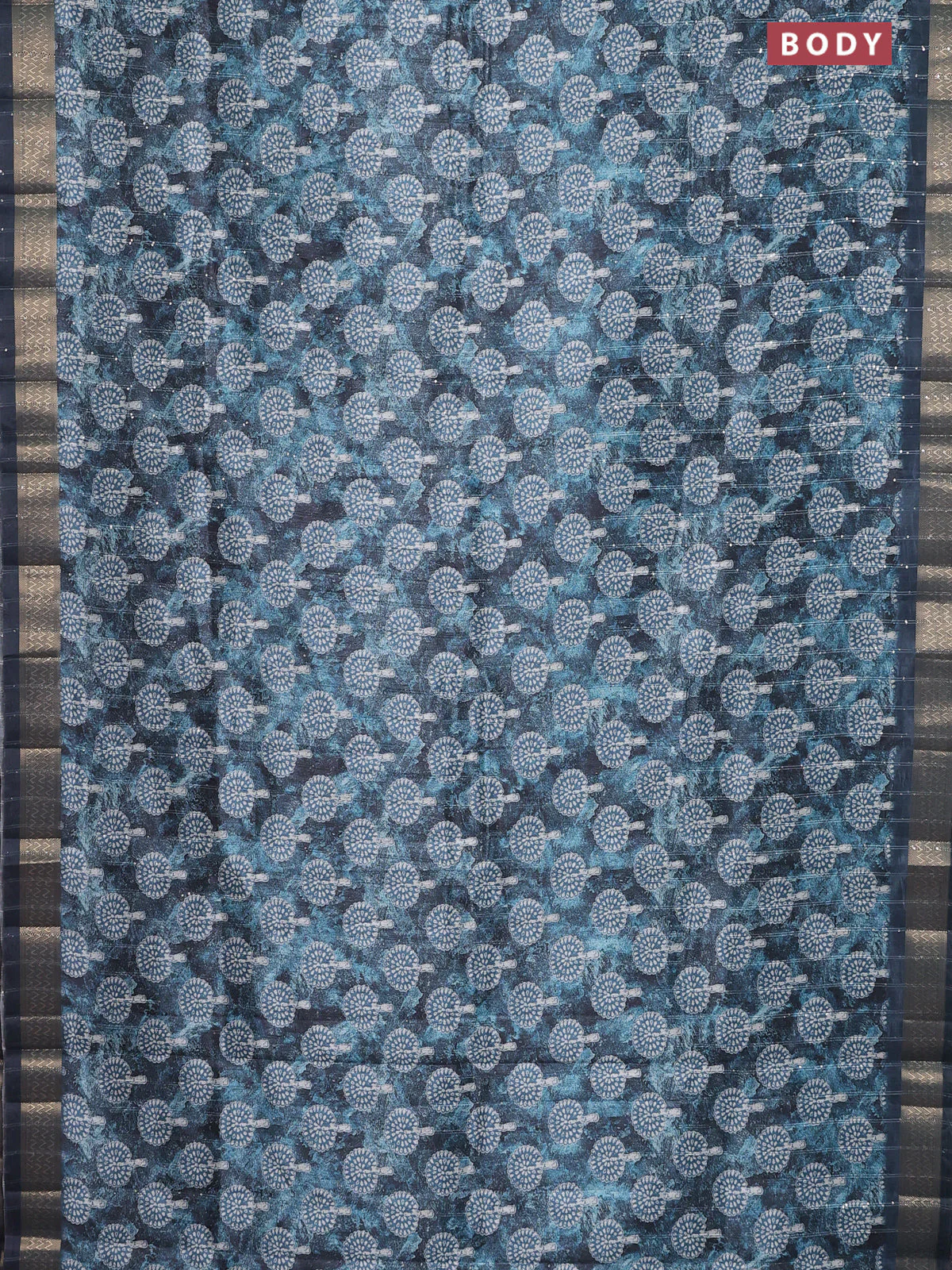 Semi tussar saree peacock blue with butta prints & sequin work and zari woven border - Image 2