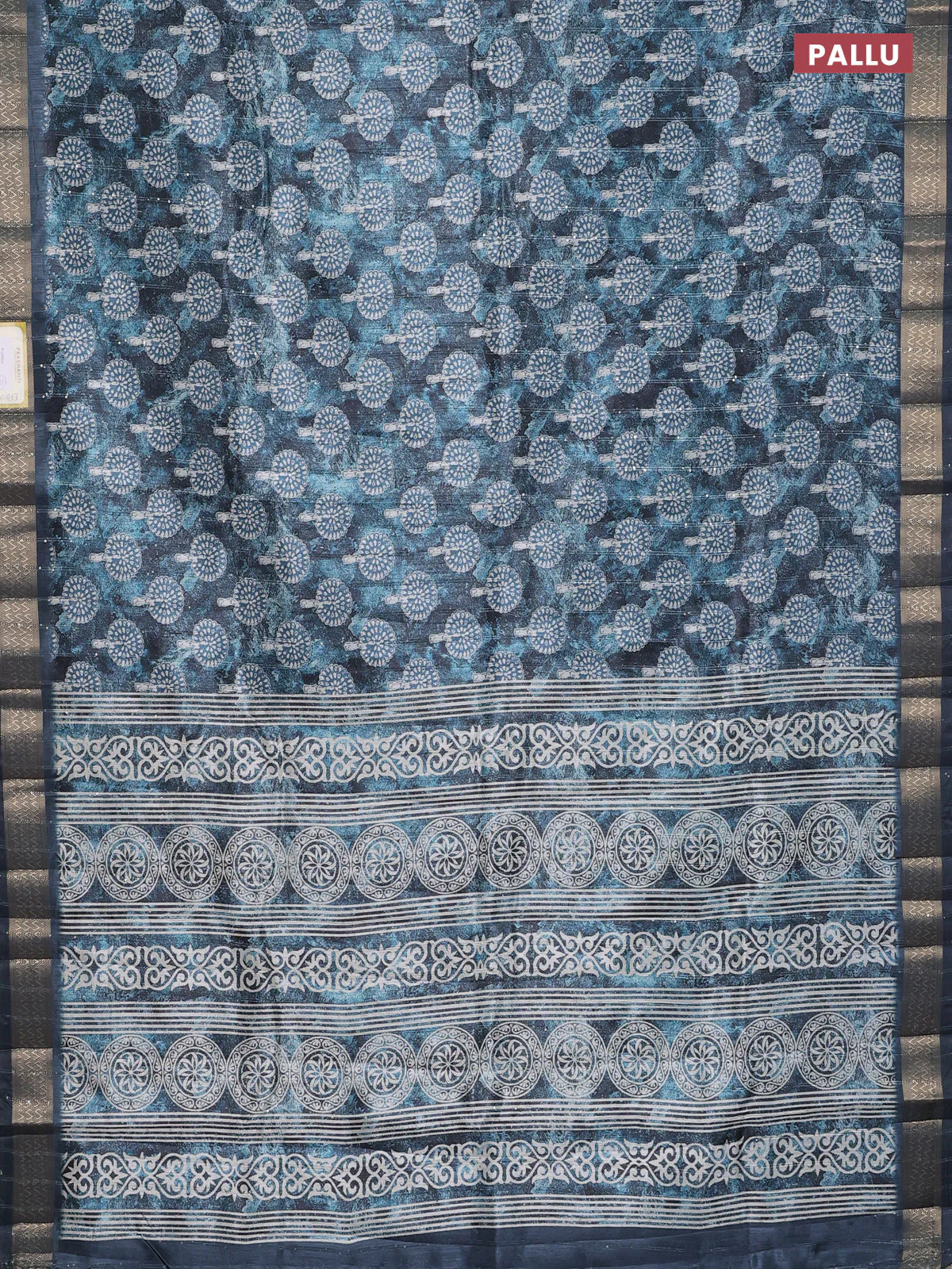 Semi tussar saree peacock blue with butta prints & sequin work and zari woven border - Image 3