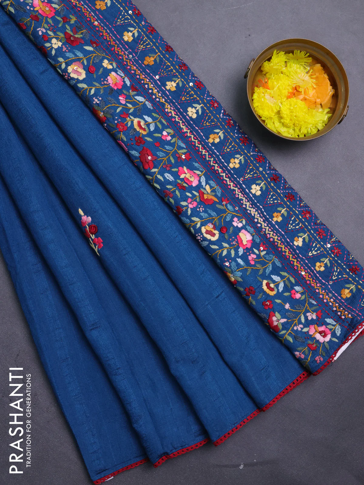 Semi tussar saree peacock blue with embroided buttas and embroidery pallu