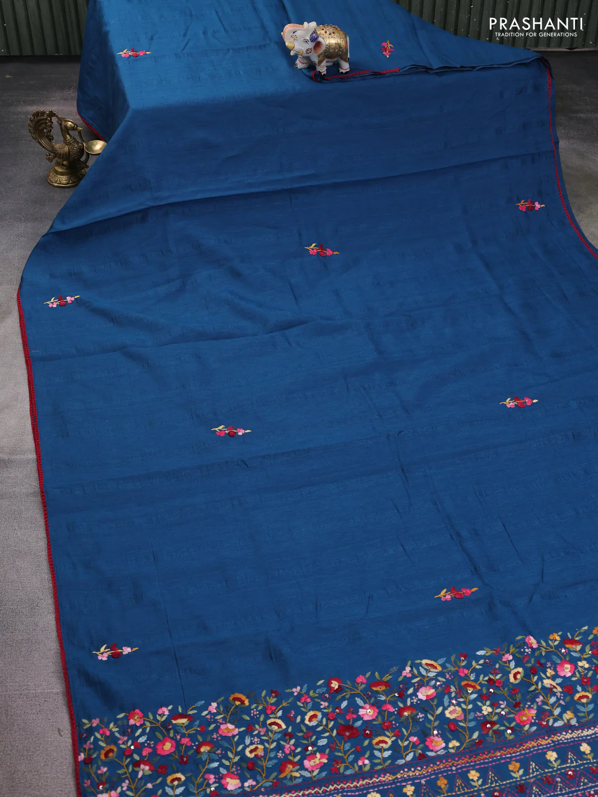 Semi tussar saree peacock blue with embroided buttas and embroidery pallu - Image 2