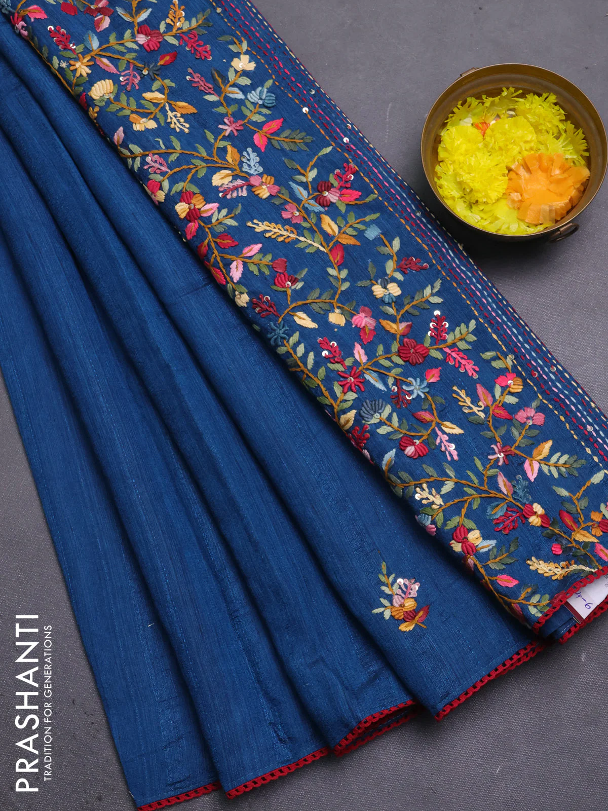 Semi tussar saree peacock blue with embroided buttas and embroidery pallu