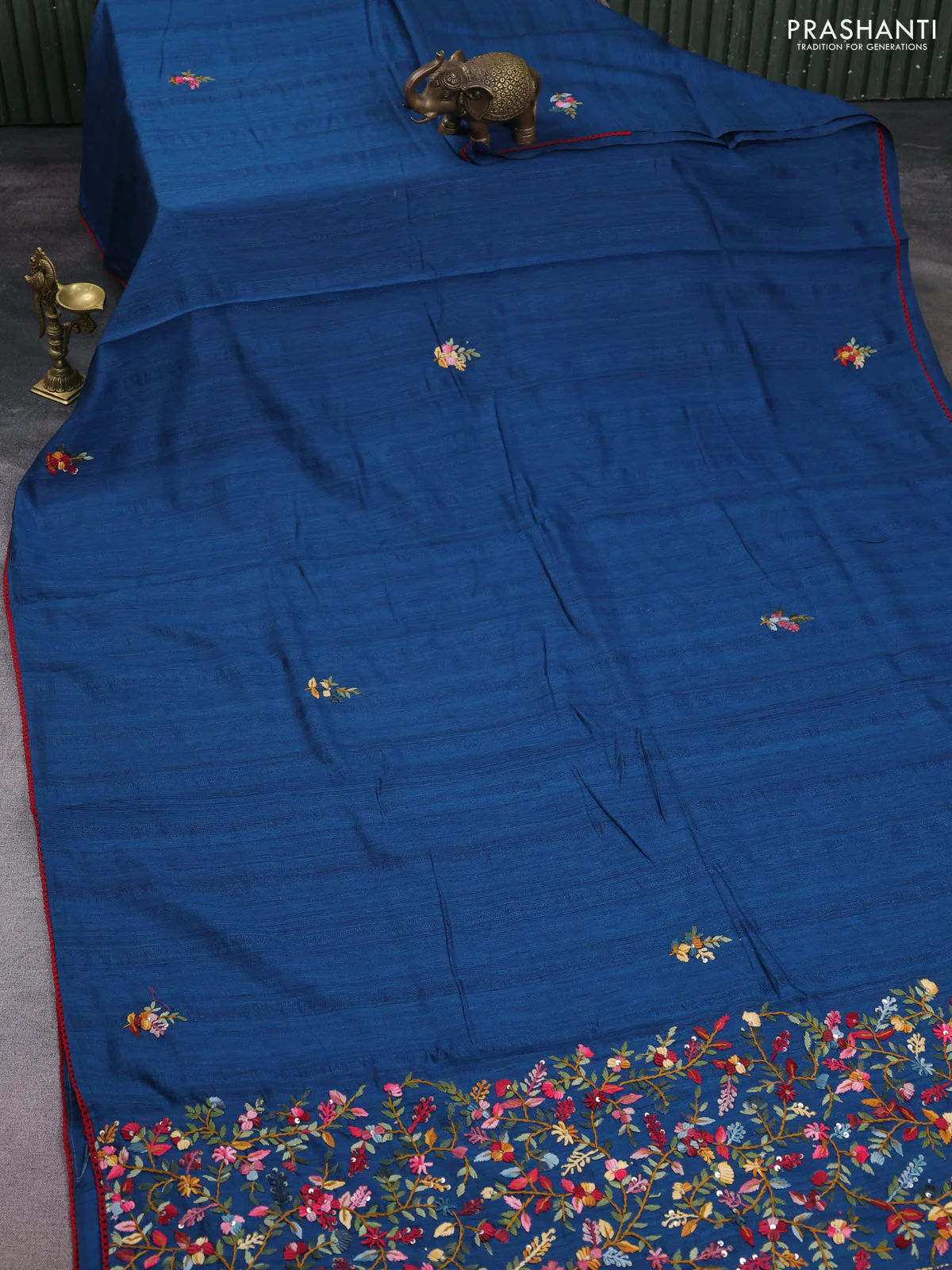 Semi tussar saree peacock blue with embroided buttas and embroidery pallu - Image 2