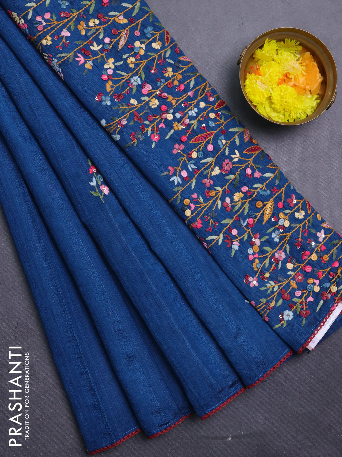 Semi tussar saree peacock blue with embroided buttas and embroidery pallu