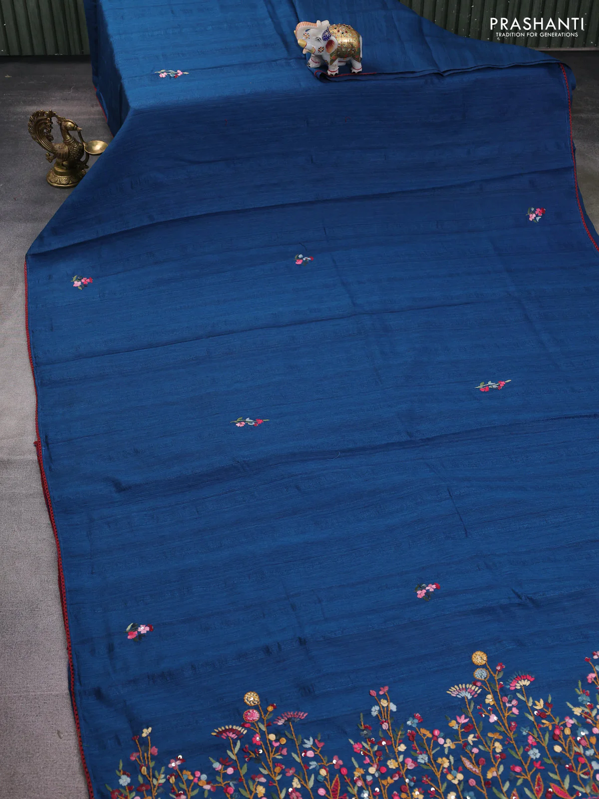 Semi tussar saree peacock blue with embroided buttas and embroidery pallu - Image 2
