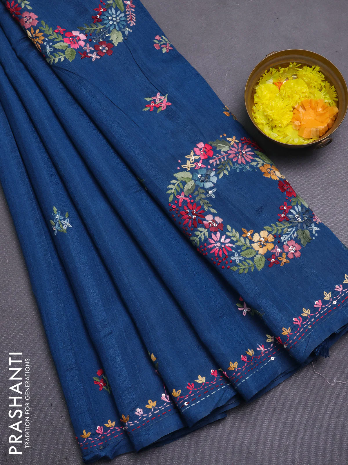 Semi tussar saree peacock blue with embroided buttas and embroidery pallu