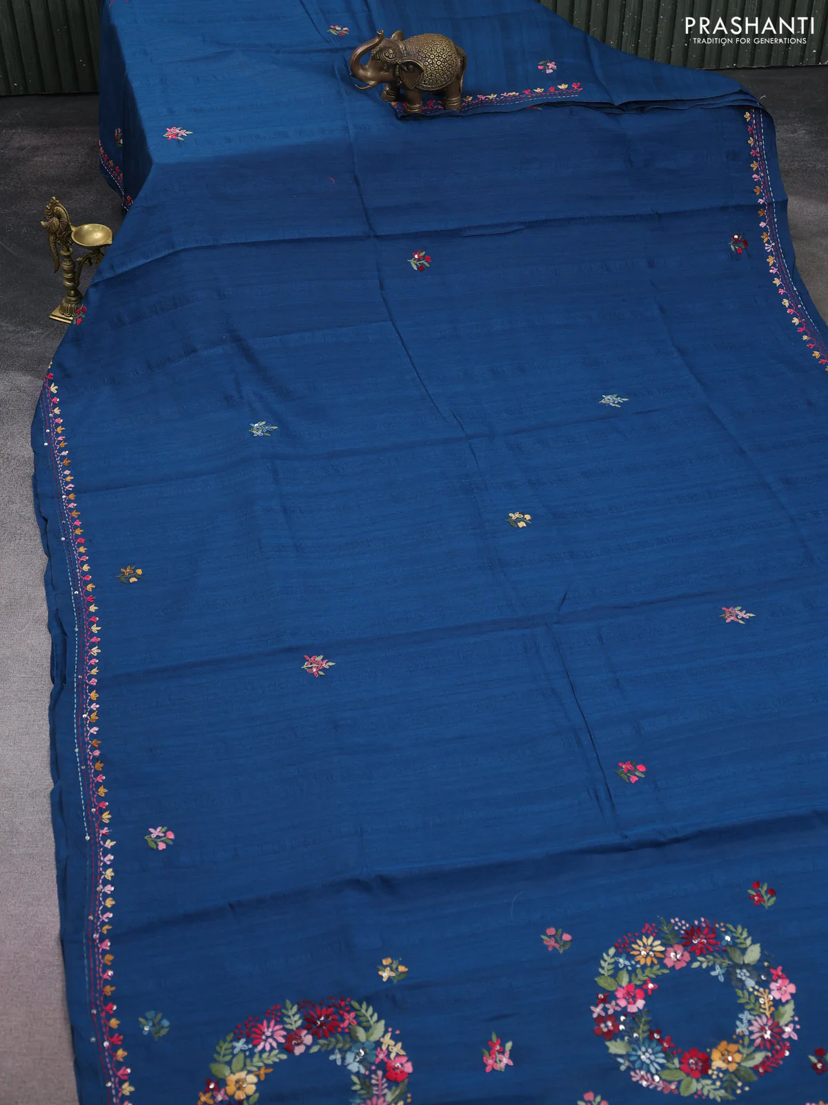 Semi tussar saree peacock blue with embroided buttas and embroidery pallu - Image 2