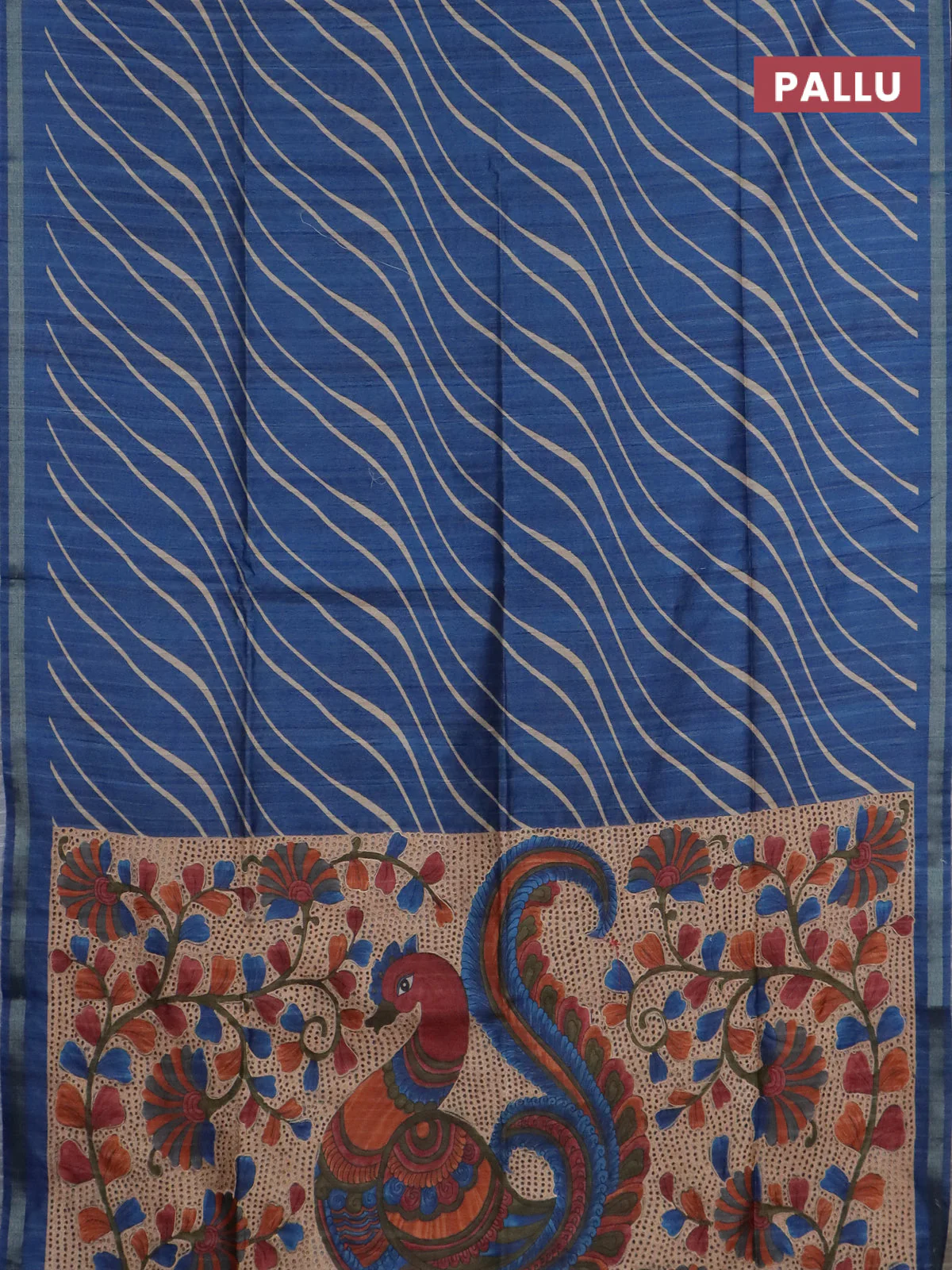 Semi tussar saree peacock blue with leheriya prints and kalamkari prints & cut work pallu - Image 3