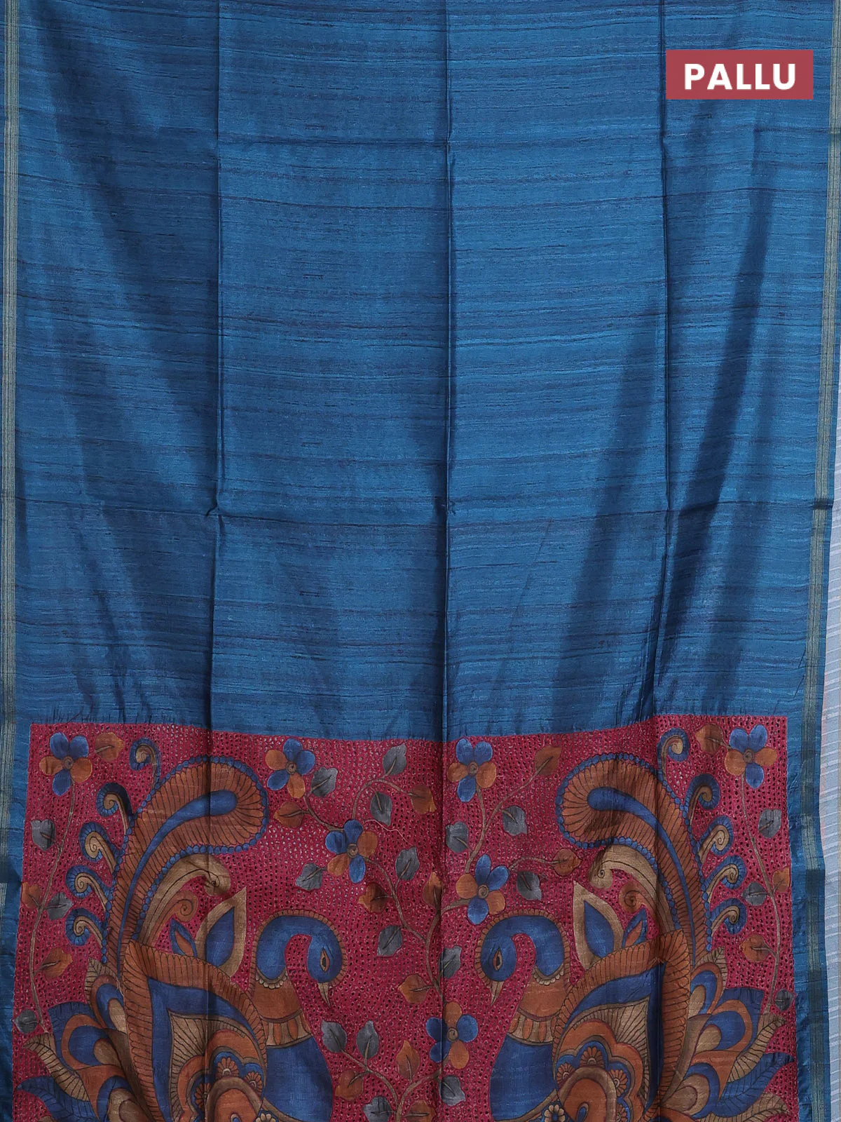 Semi tussar saree peacock blue with plain body and kalamkari prints & cut work pallu - Image 3