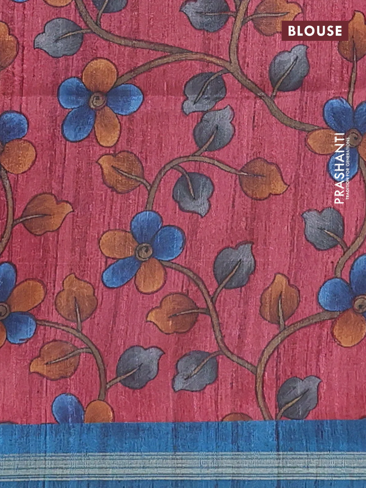 Semi tussar saree peacock blue with plain body and kalamkari prints & cut work pallu - Image 4