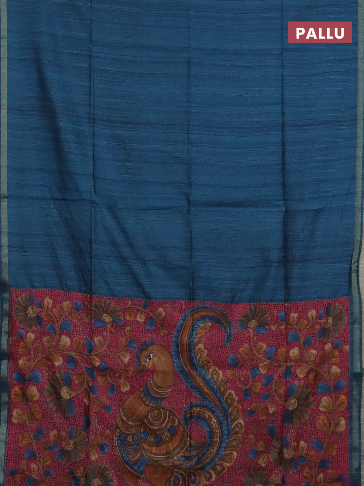 Semi tussar saree peacock blue with plain body and kalamkari prints & cut work pallu - Image 3