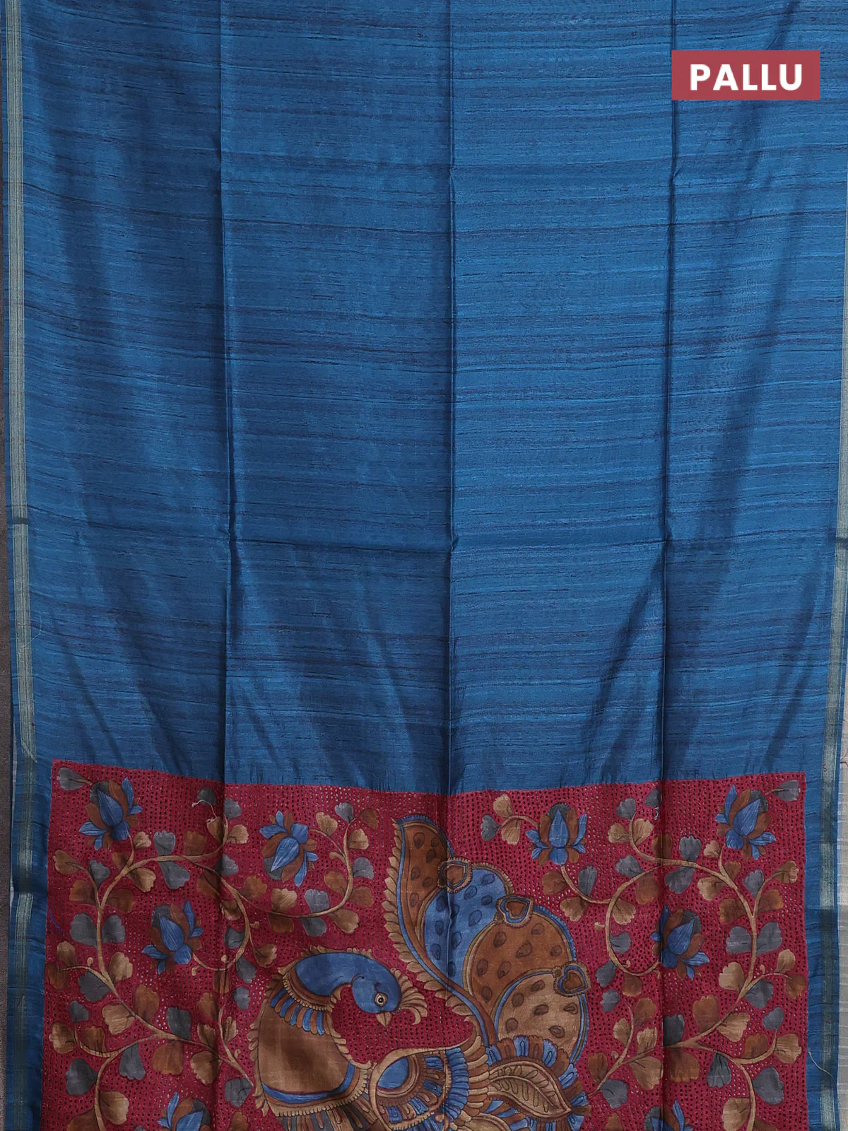 Semi tussar saree peacock blue with plain body and kalamkari prints & cut work pallu - Image 3