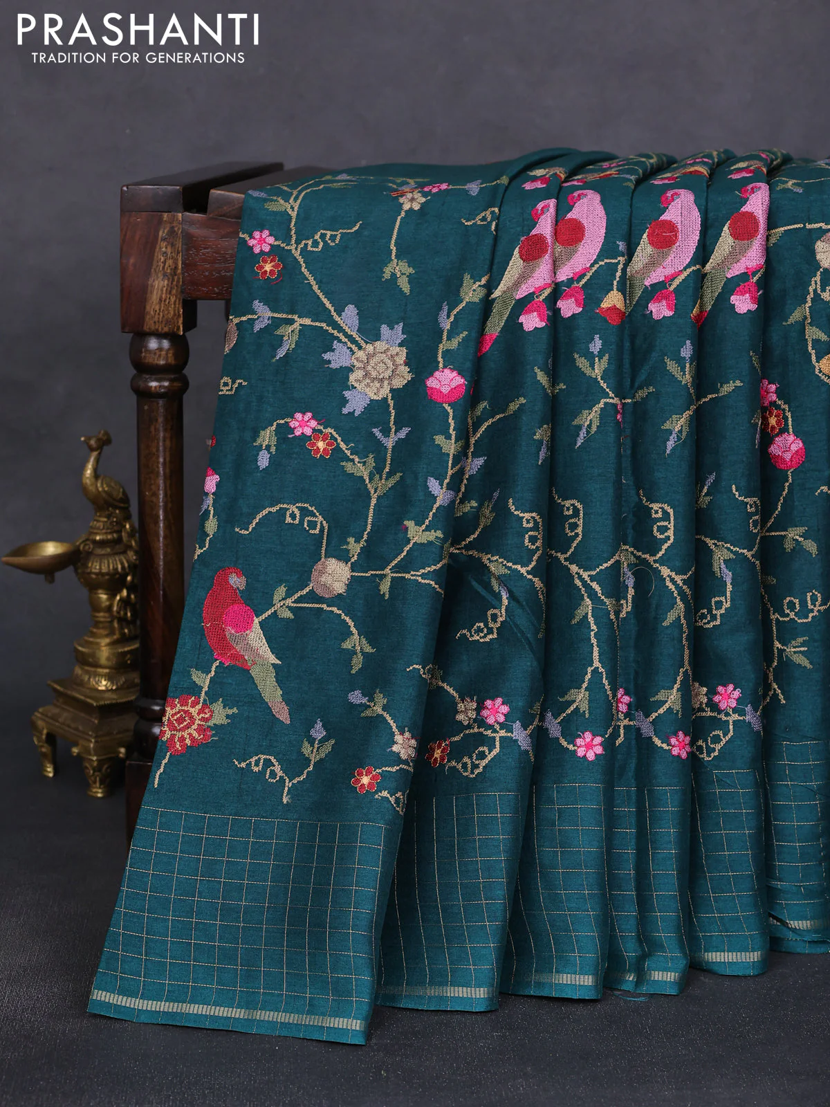 Semi tussar saree peacock green with allover embroidery design and zari woven border - Image 2