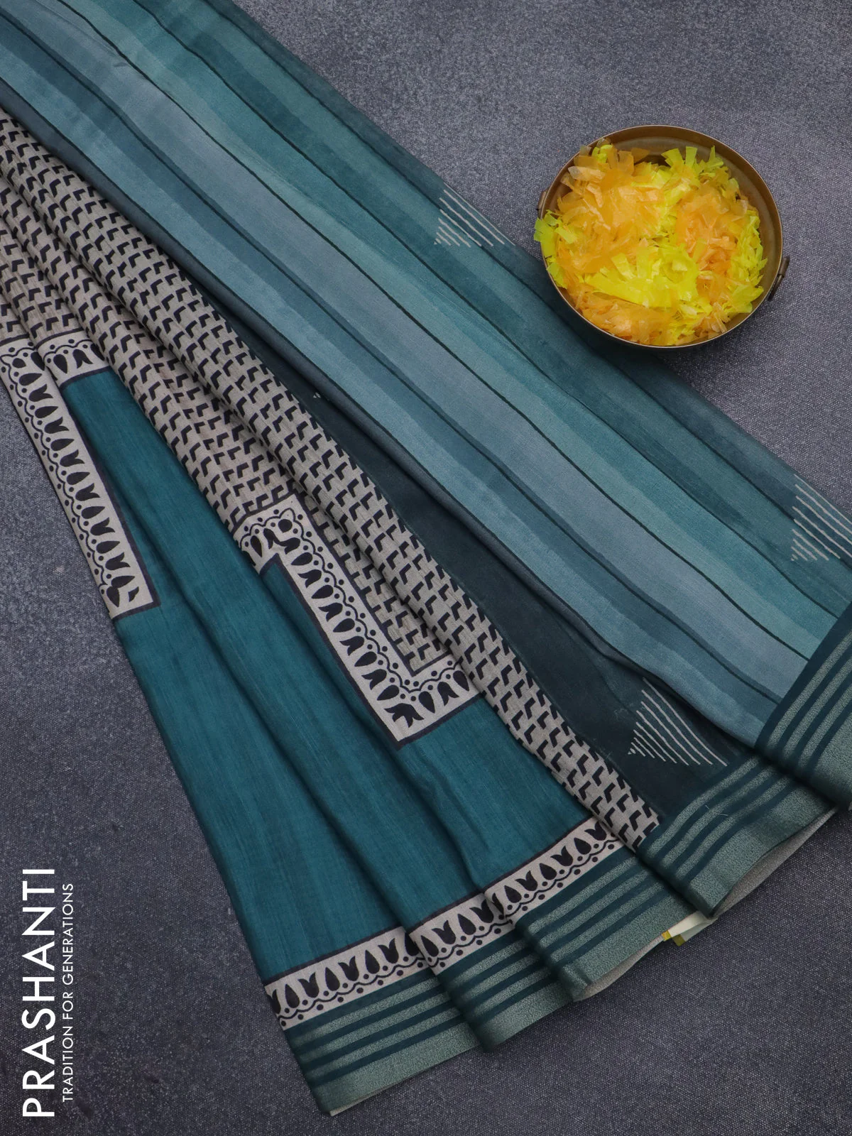 Semi tussar saree peacock green with allover prints and zari woven border