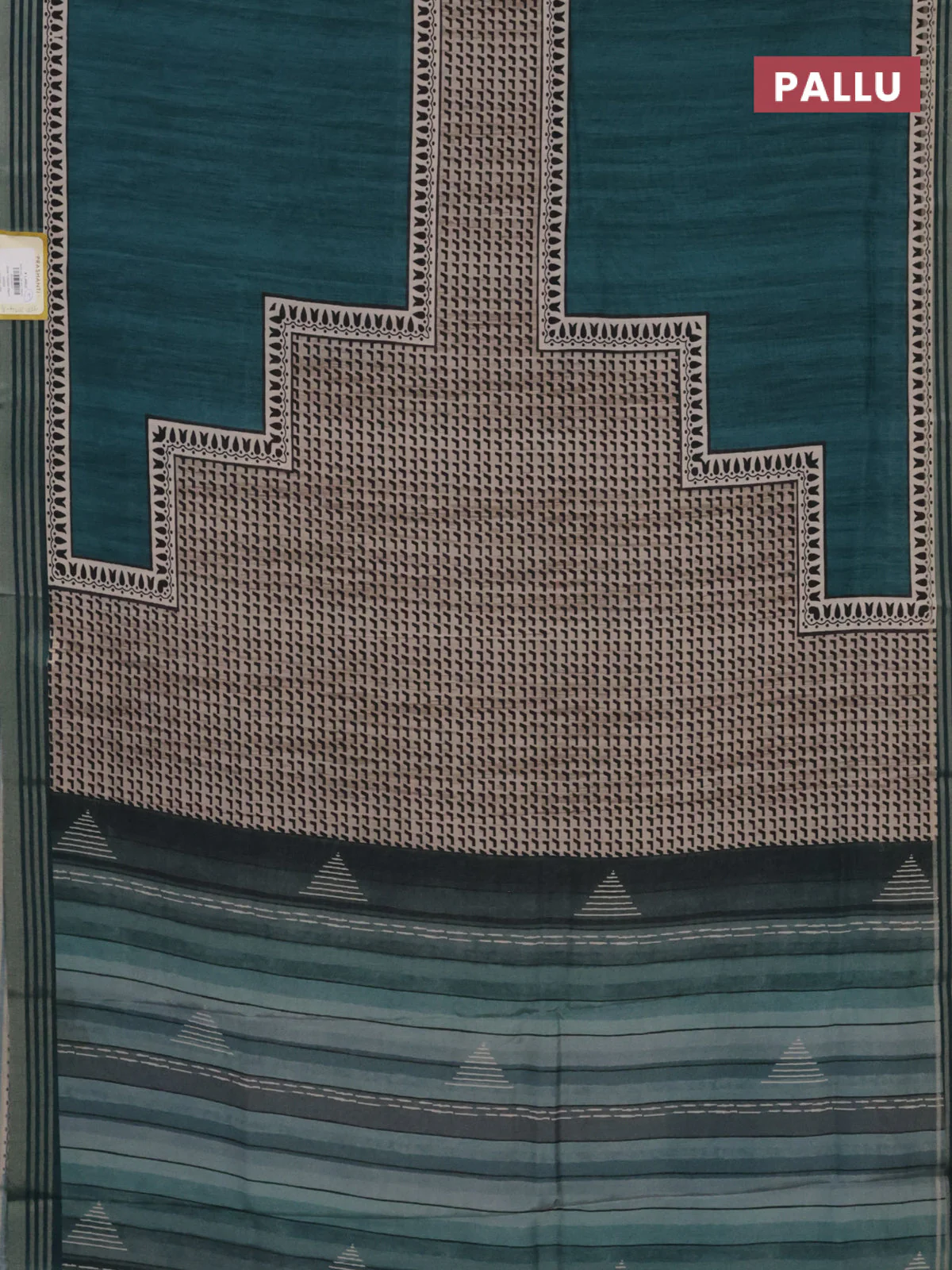 Semi tussar saree peacock green with allover prints and zari woven border - Image 3