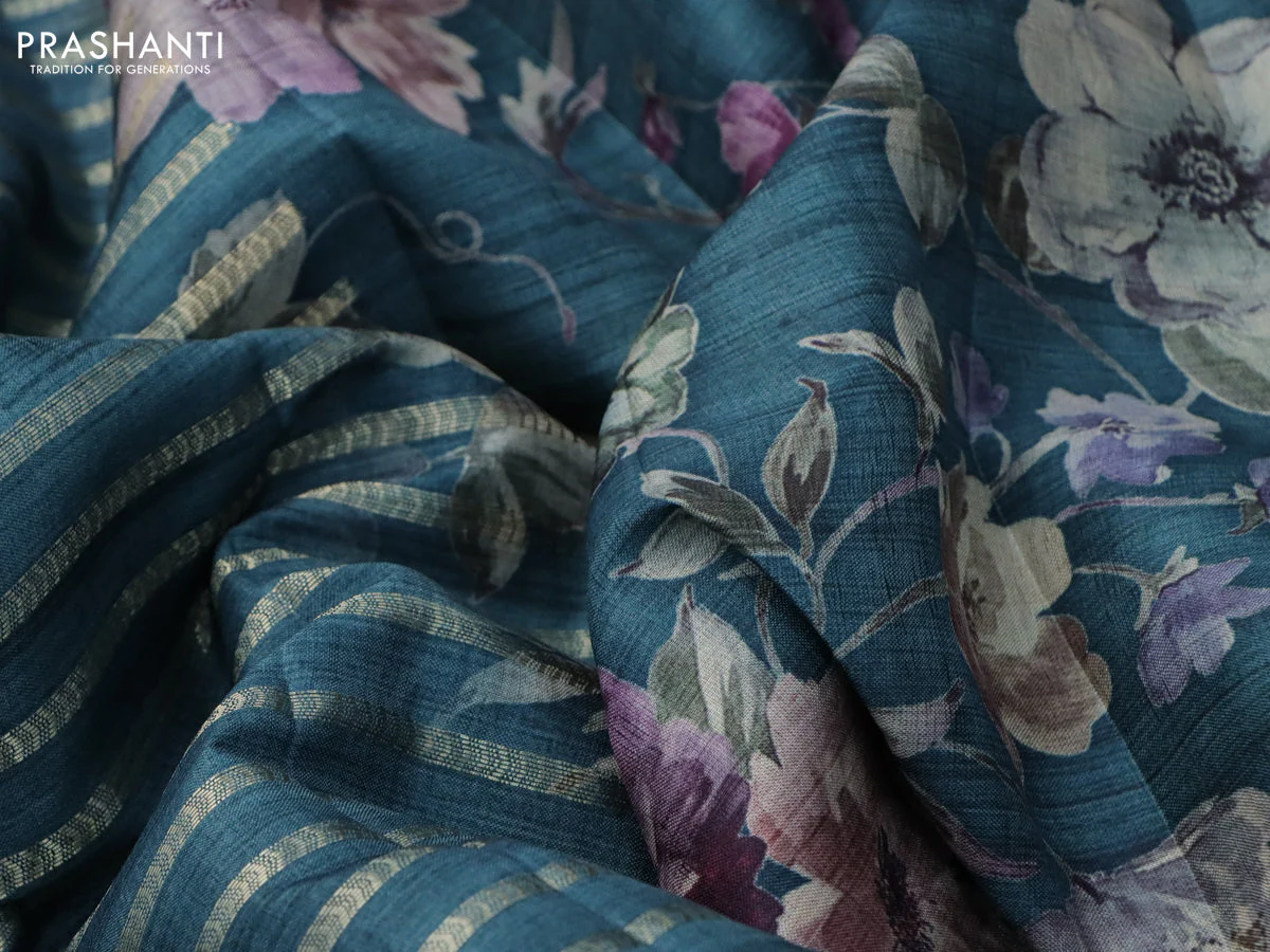 Semi tussar saree peacock green with allover zari woven stripes pattern and floral printed border - Image 4