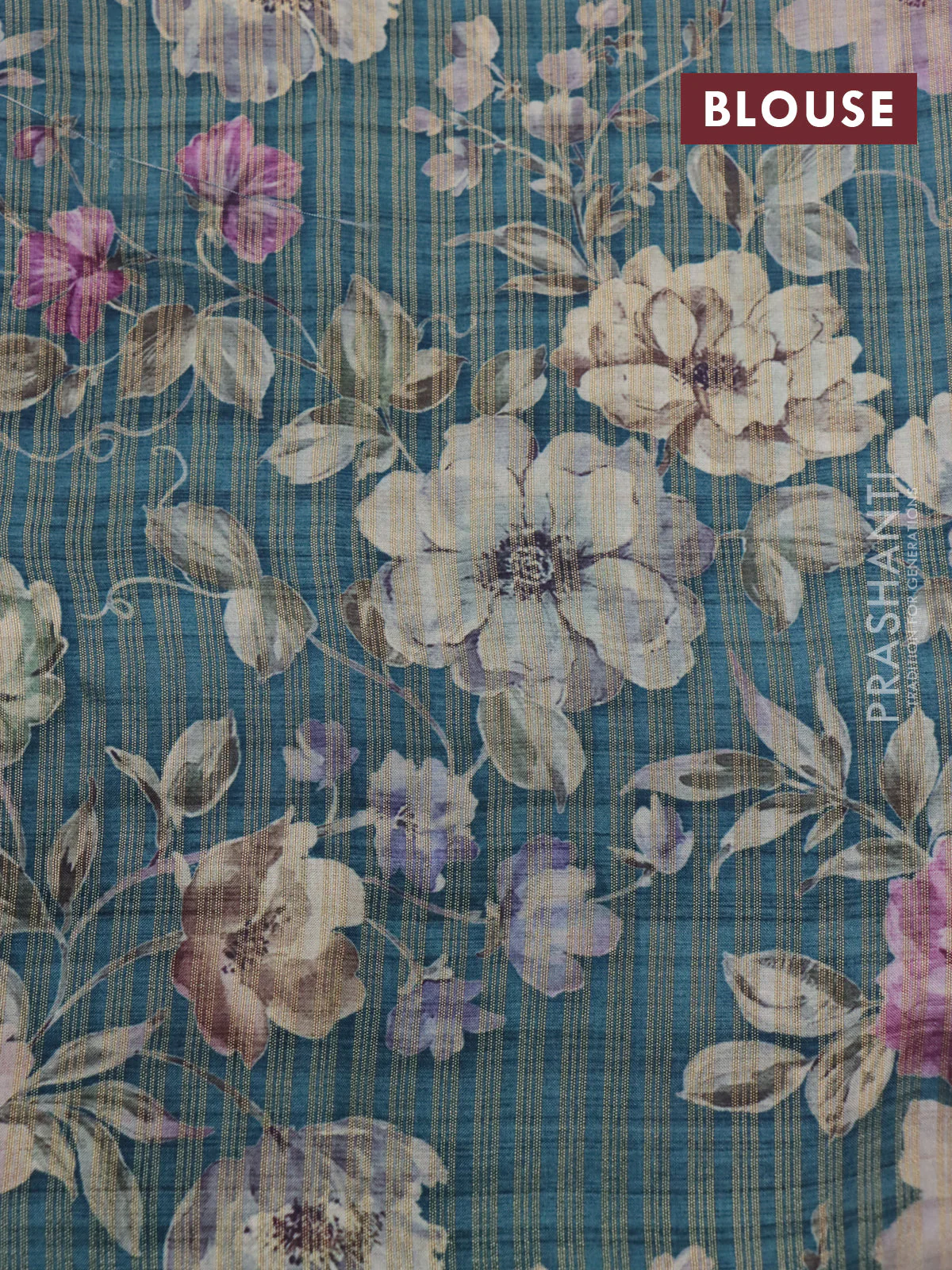 Semi tussar saree peacock green with allover zari woven stripes pattern and floral printed border - Image 5