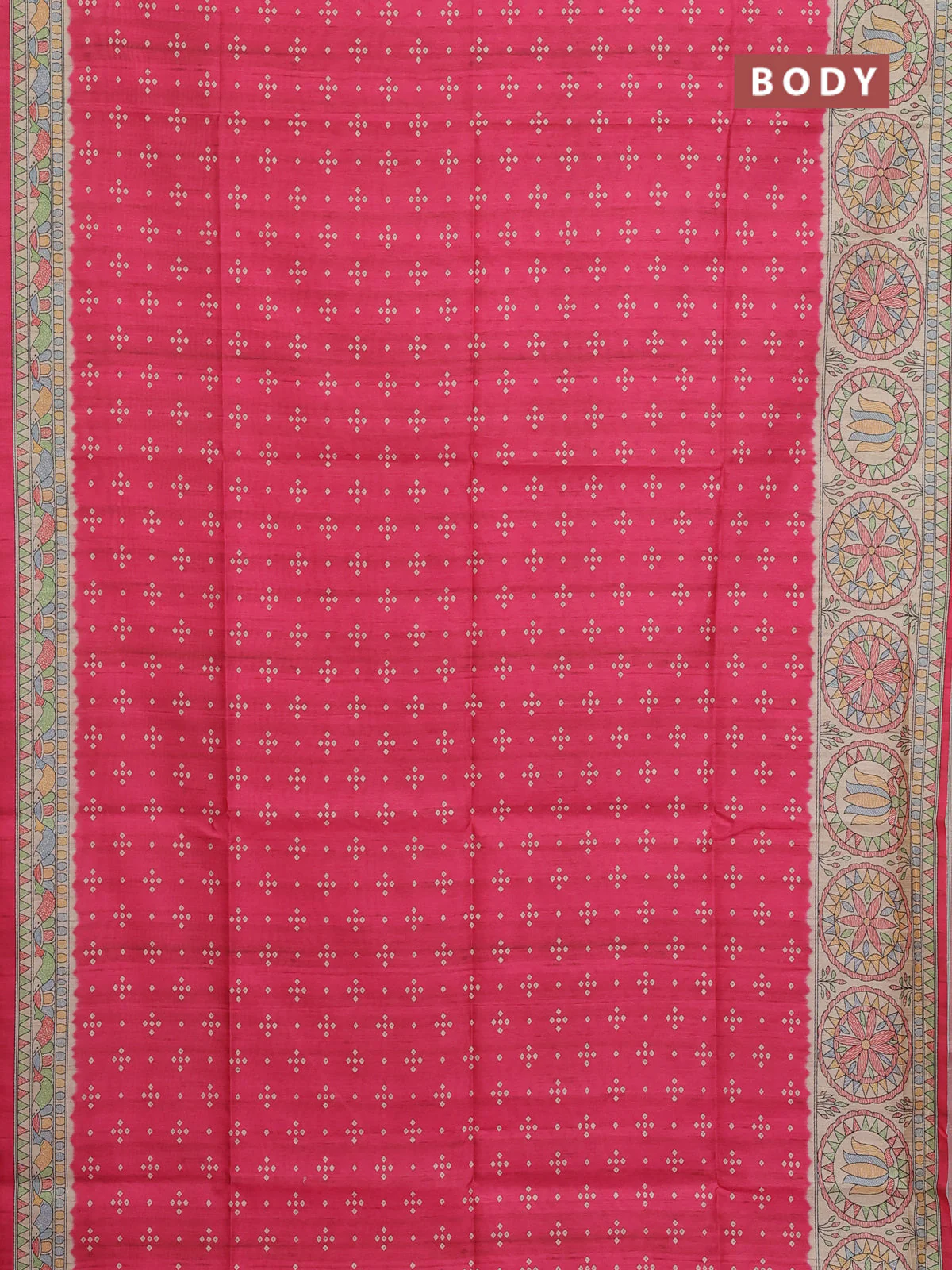 Semi tussar saree pink and beige with allover bandhani prints and madhubani printed pallu & border - Image 2