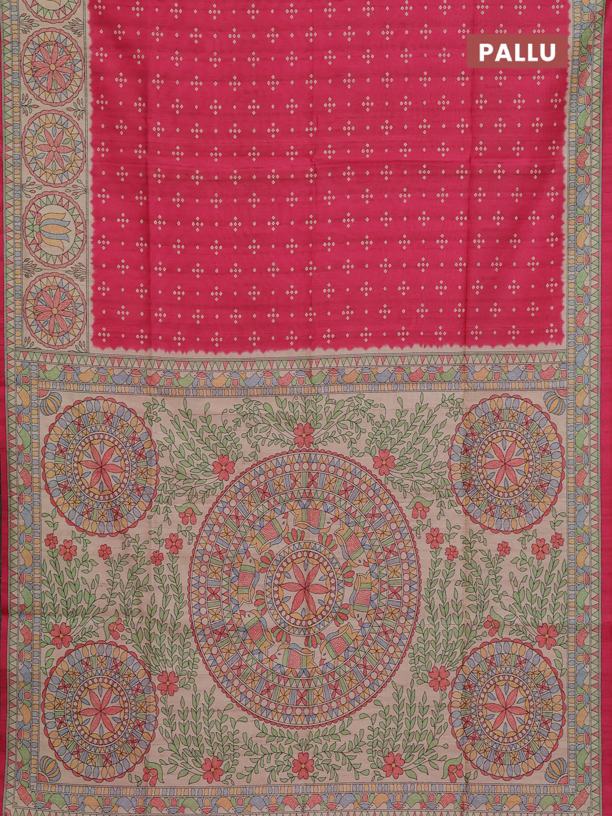 Semi tussar saree pink and beige with allover bandhani prints and madhubani printed pallu & border - Image 3