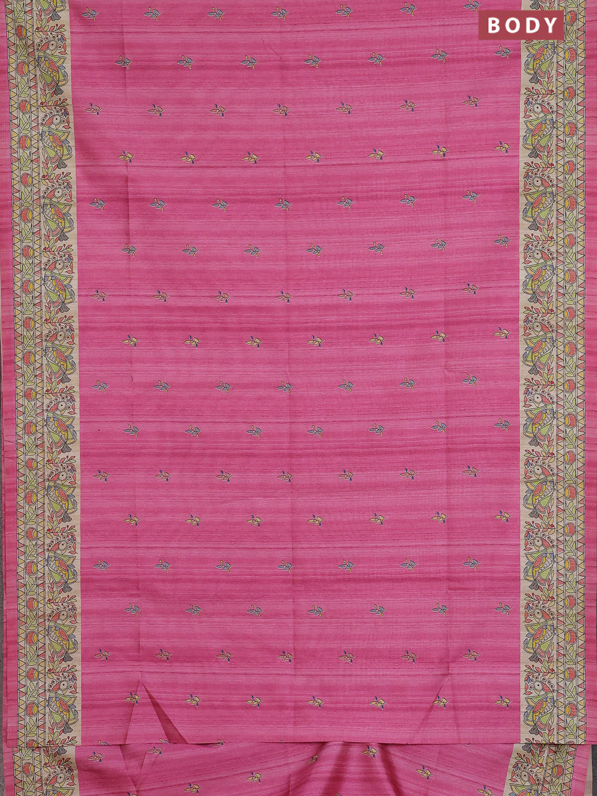 Semi tussar saree pink and beige with allover butta prints and madhubani printed pallu & border - Image 2