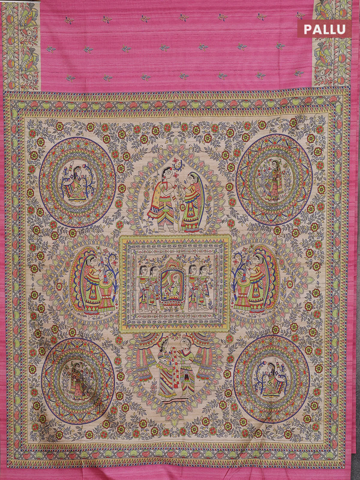Semi tussar saree pink and beige with allover butta prints and madhubani printed pallu & border - Image 3