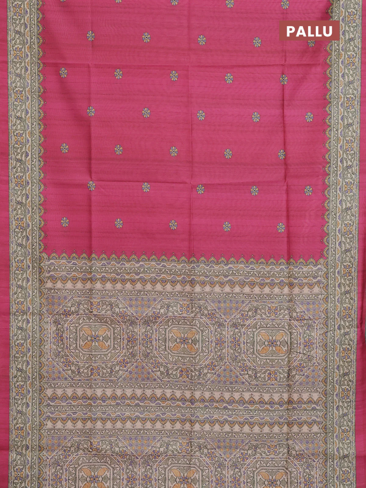Semi tussar saree pink and beige with allover butta prints and madhubani printed pallu & border - Image 3