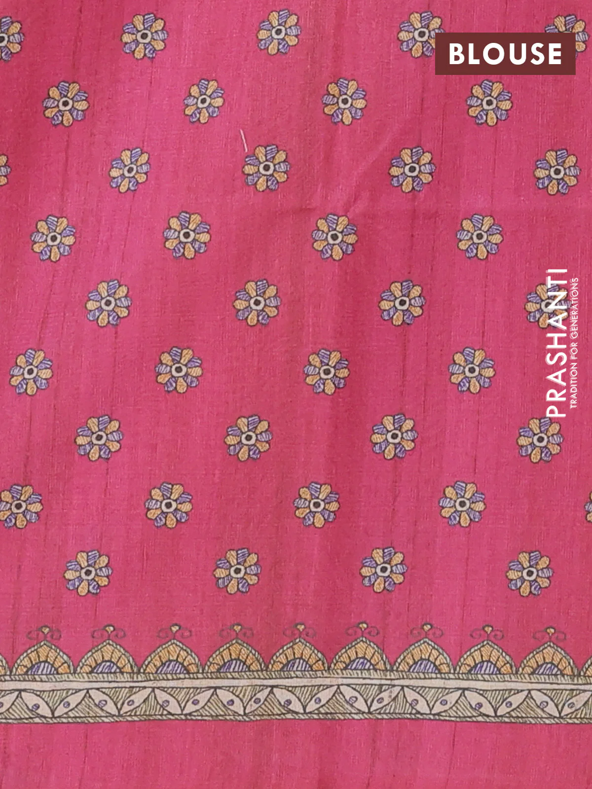 Semi tussar saree pink and beige with allover butta prints and madhubani printed pallu & border - Image 4
