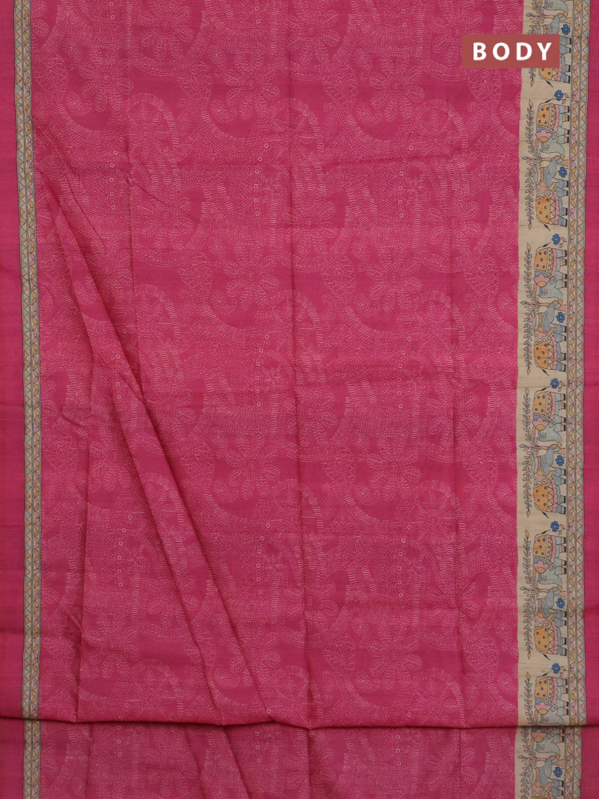 Semi tussar saree pink and beige with allover prints and madhubani printed pallu & border - Image 2