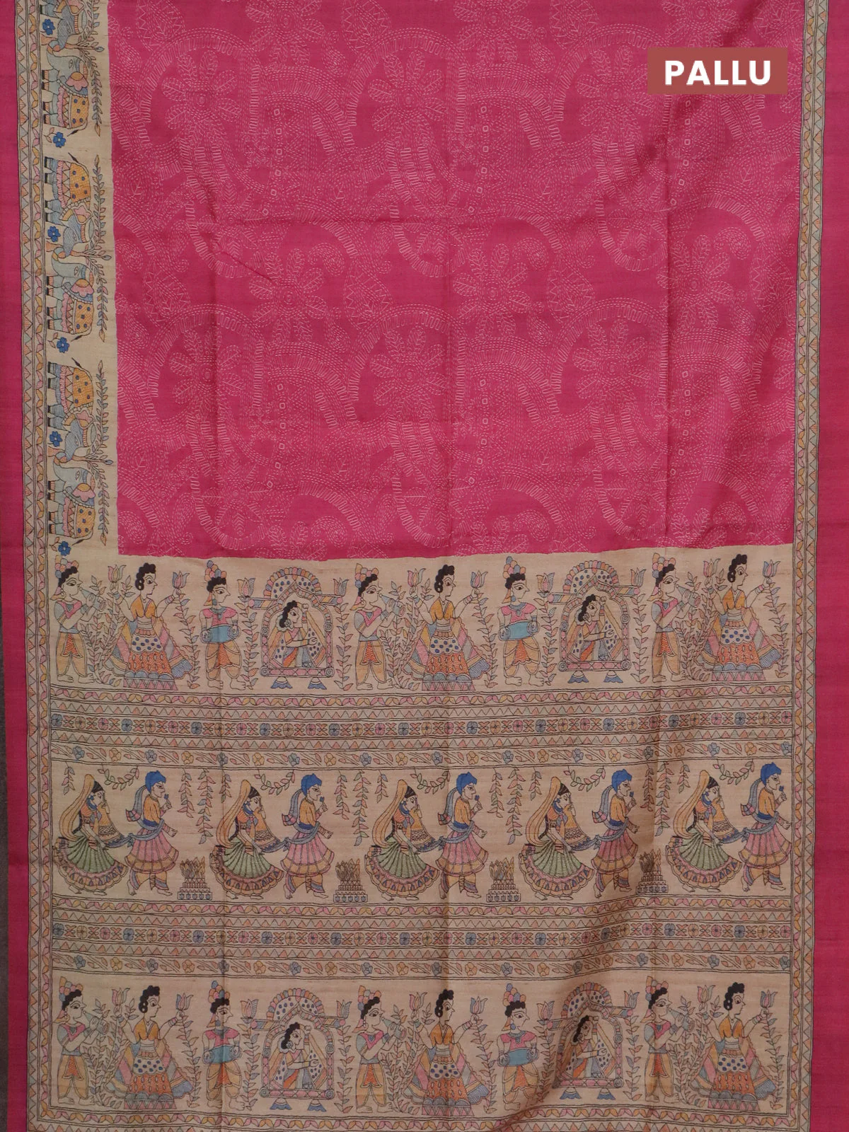 Semi tussar saree pink and beige with allover prints and madhubani printed pallu & border - Image 3