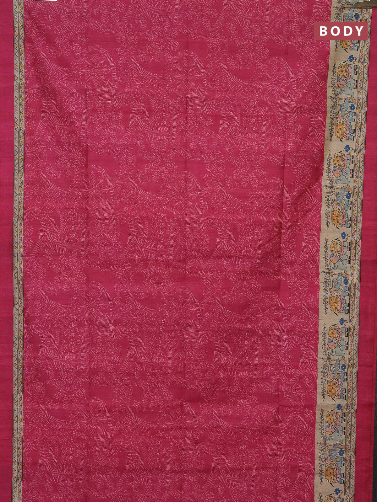 Semi tussar saree pink and beige with allover prints and mandhubani printed pallu - Image 2