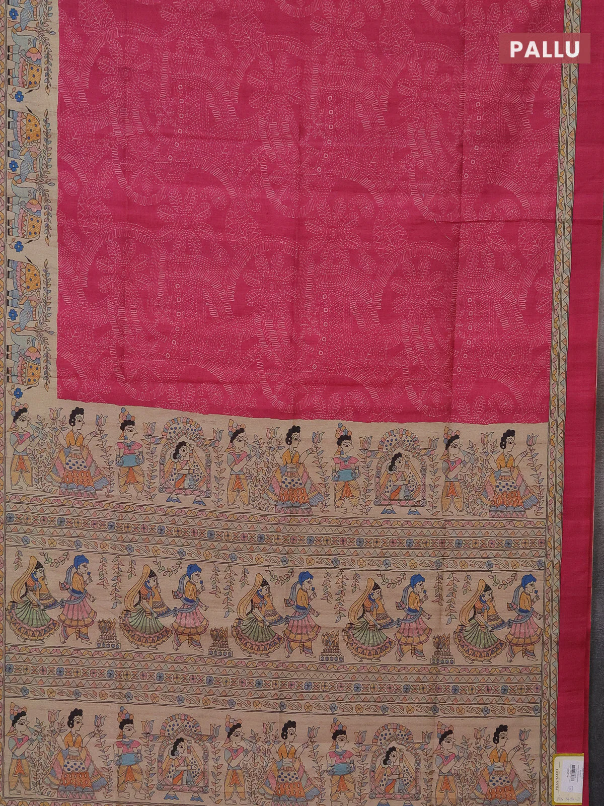 Semi tussar saree pink and beige with allover prints and mandhubani printed pallu - Image 3