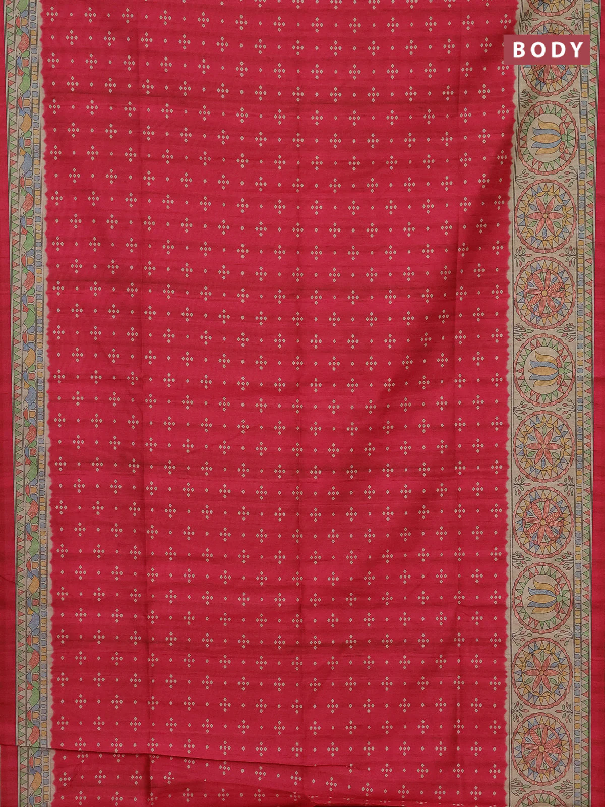 Semi tussar saree pink and beige with bandhini butta prints and mandhubani printed pallu - Image 2