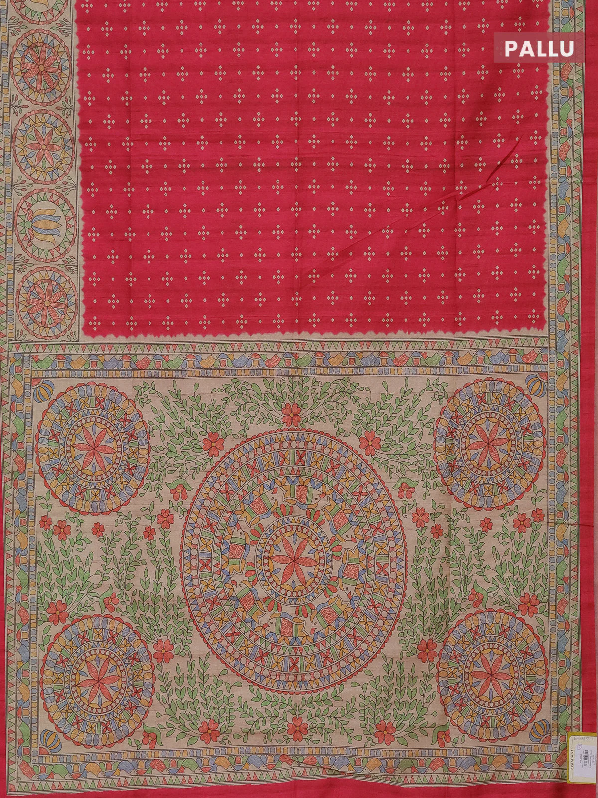 Semi tussar saree pink and beige with bandhini butta prints and mandhubani printed pallu - Image 3