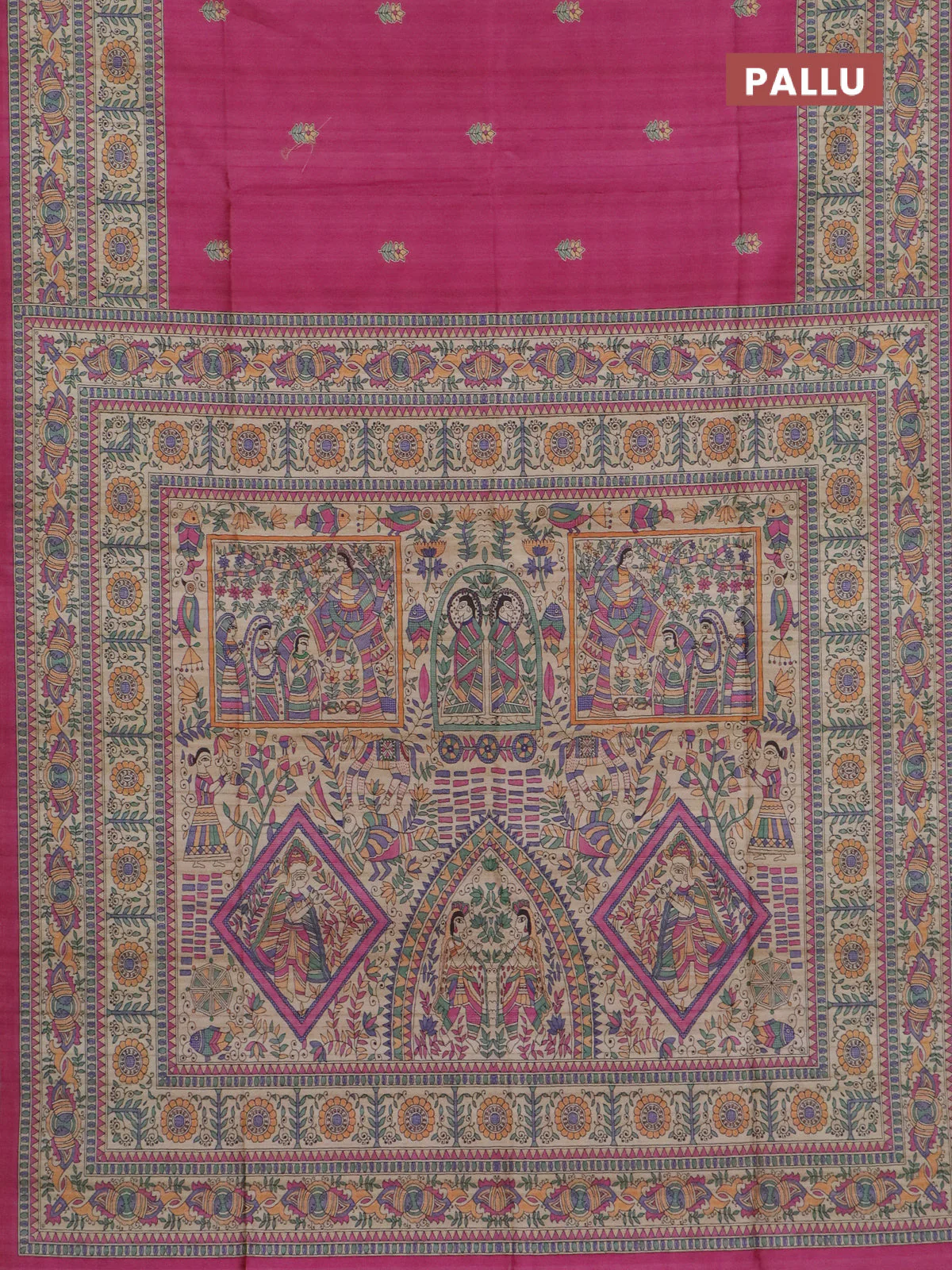 Semi tussar saree pink and beige with butta prints and madhubani printed pallu & border - Image 3