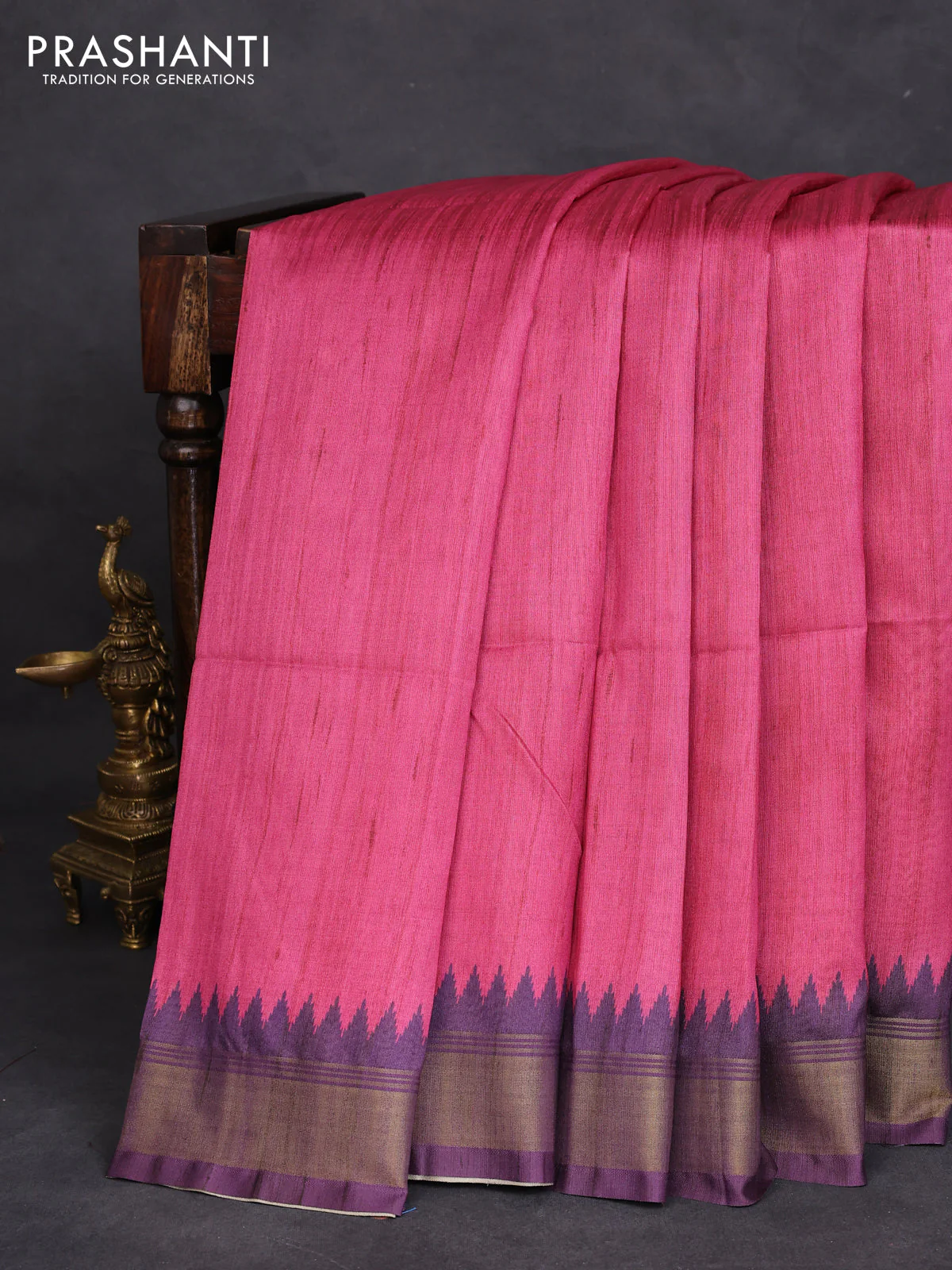 Semi tussar saree pink and beige with plain body and madhubani printed pallu - Image 2